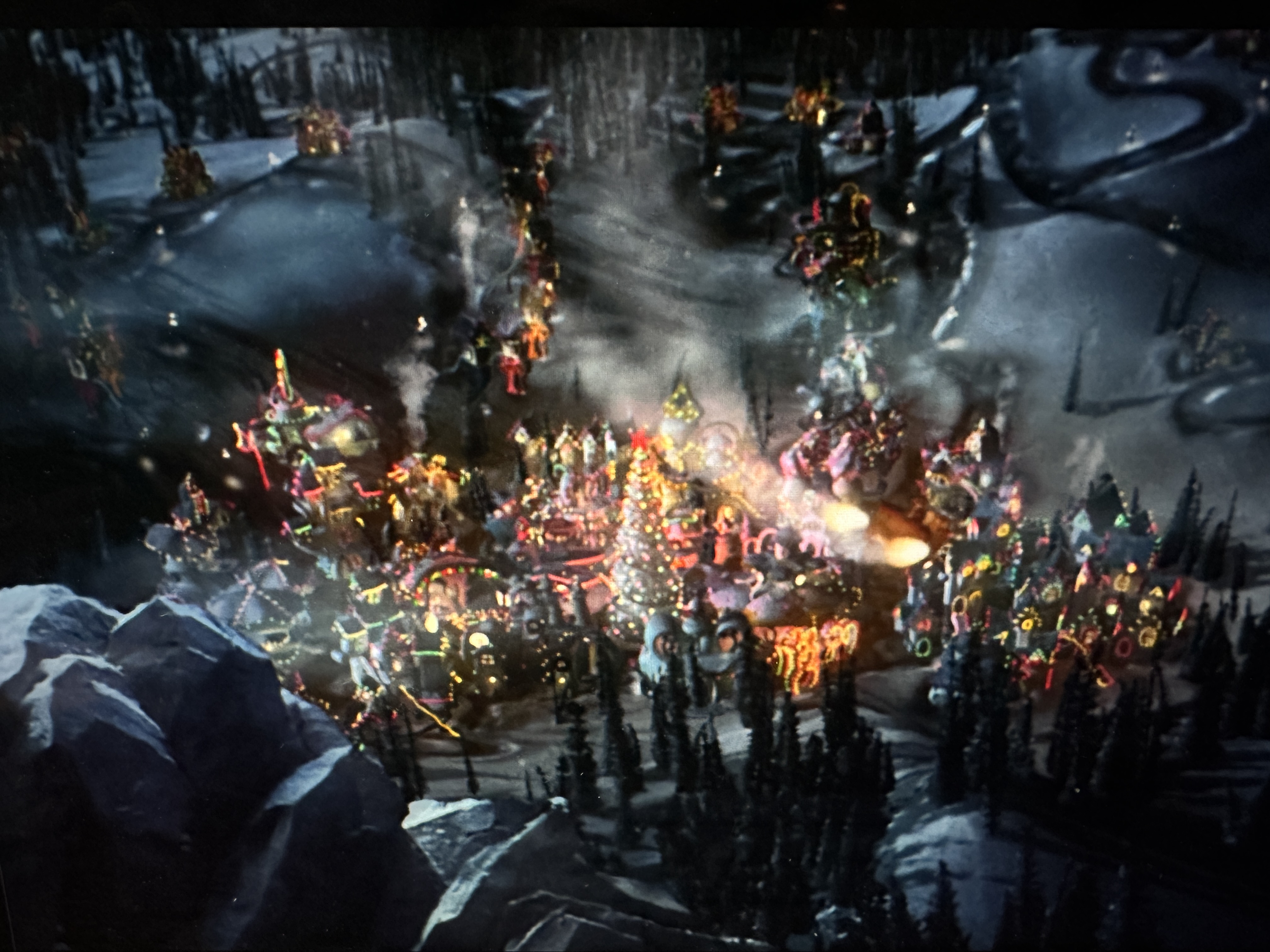 birdseye view of Whoville at night